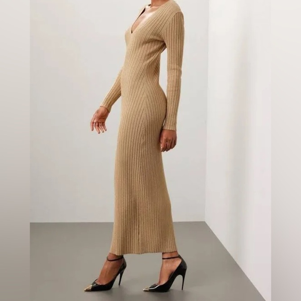 Michael Kors Gold Metallic Ribbed Bodycon Midi Dress Size XXS Glam